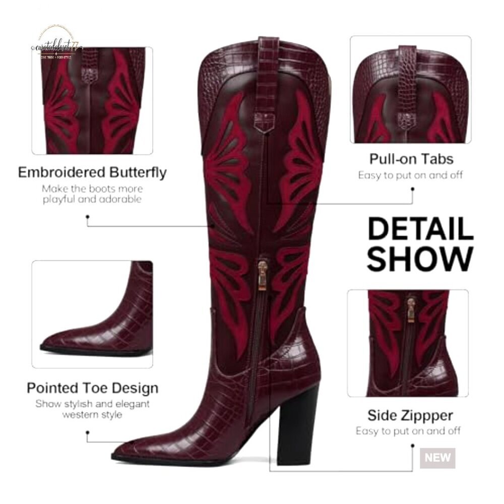 Knee High Cowboy Boots Pointed Toe Chunky Heel Wide Calf Western Boots - Picture 5 of 7